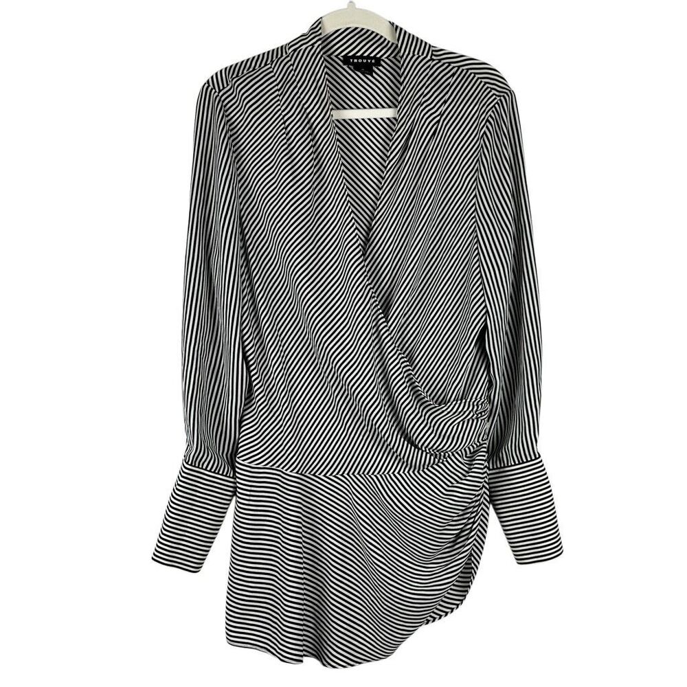 Trouvé Black White Striped Long Sleeve Wrap Blouse XL